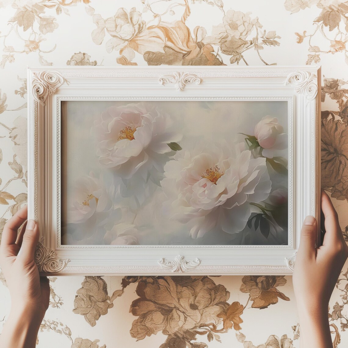 White Peony Soft Dreamy Vintage Floral Romantic Bedroom Wall Art
