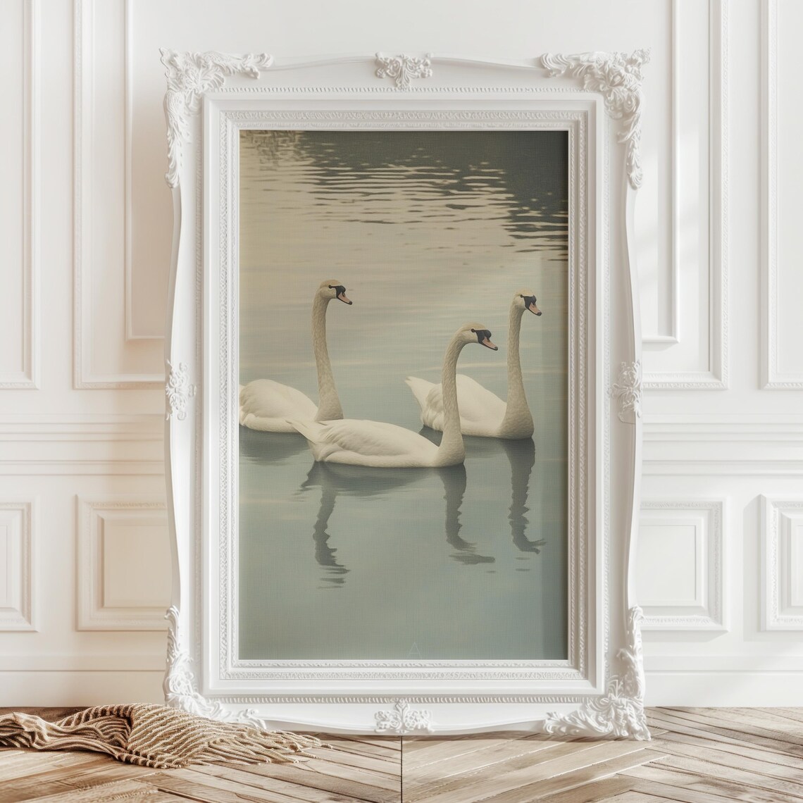 Three White Swans Calm Water Pastel Elegant Bird Lake Art Poster