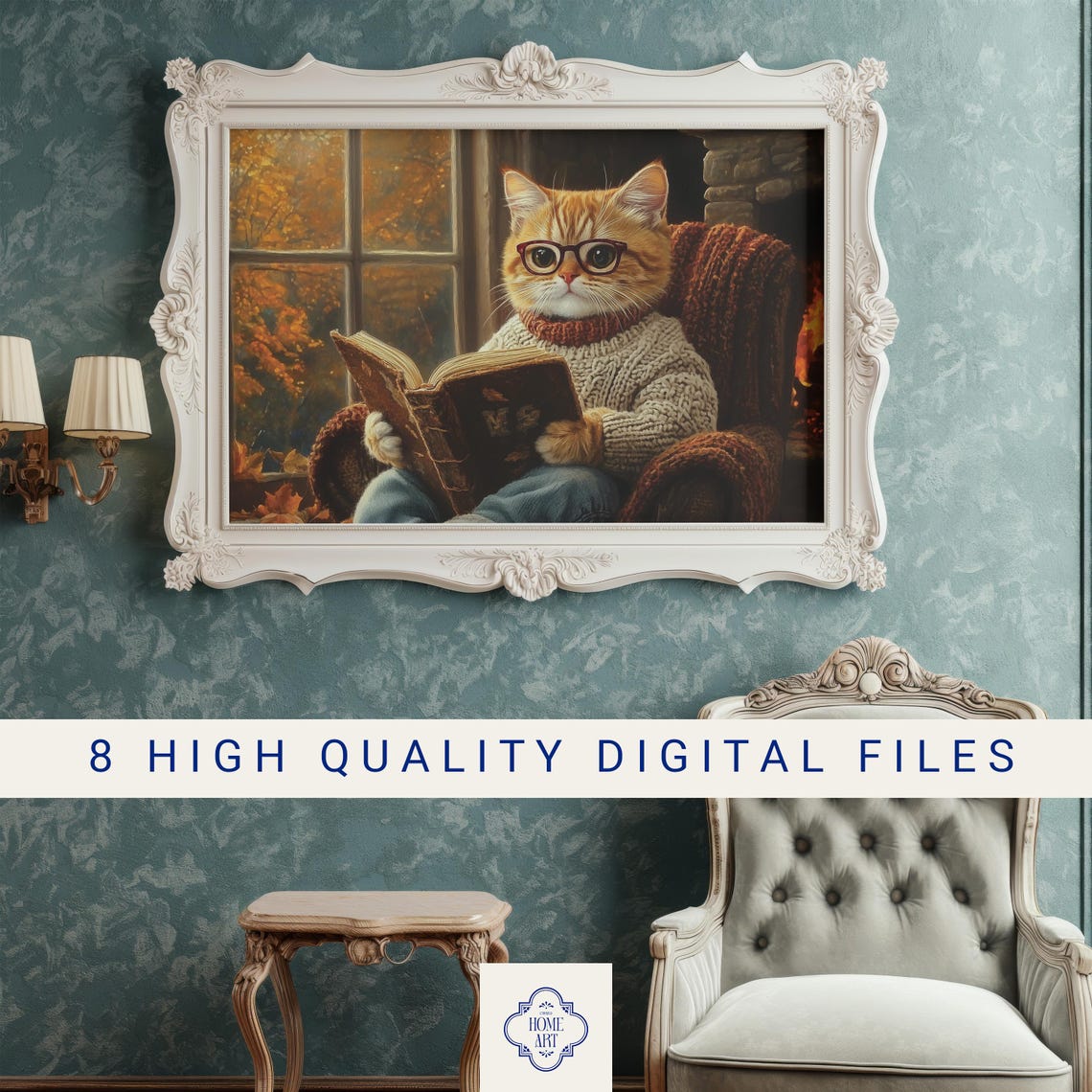 Ginger Cat Reading Book Cozy Autumn Fireplace Scene Art Poster - Image 3