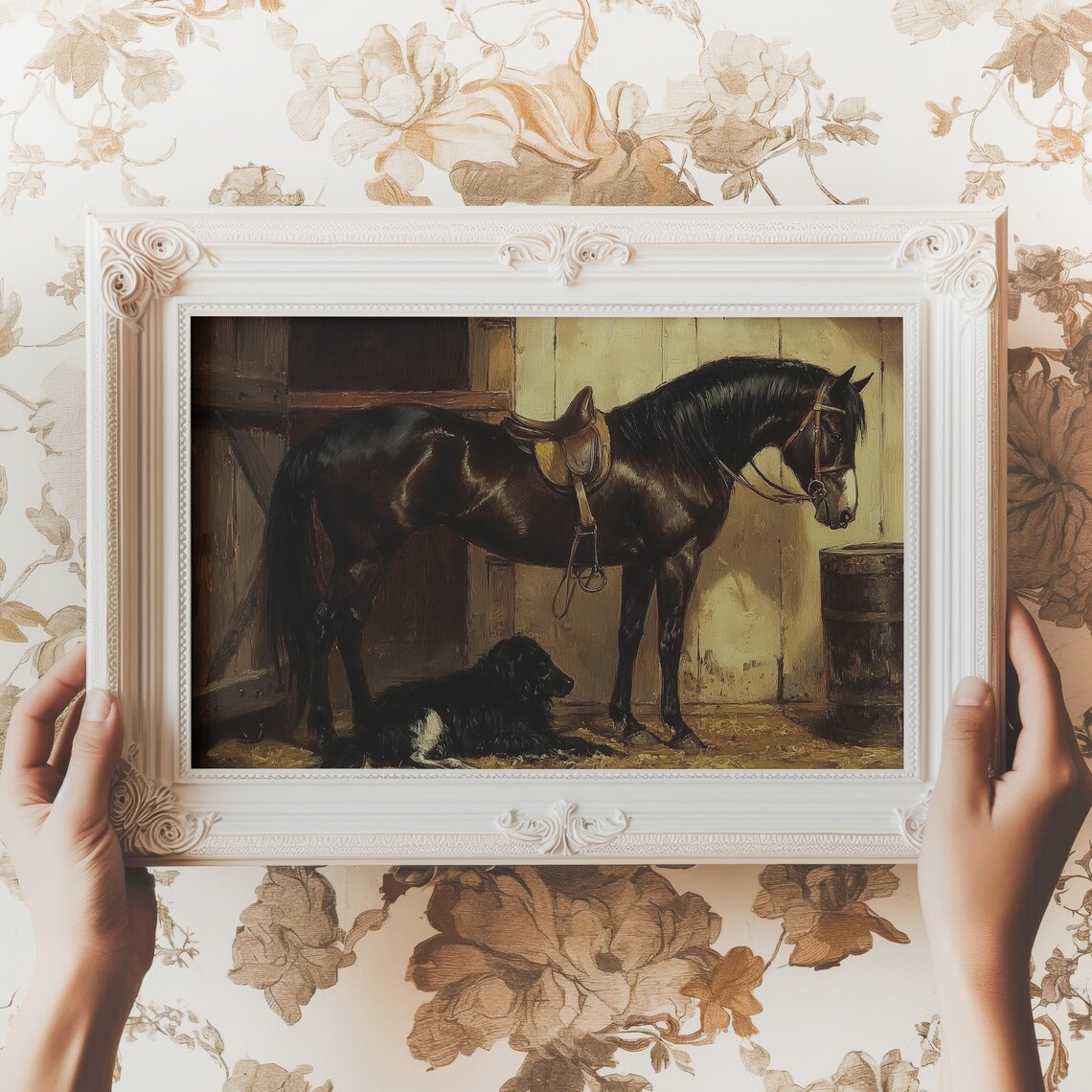 Dark Bay Horse With Black Dog Vintage Equestrian Oil Painting Poster