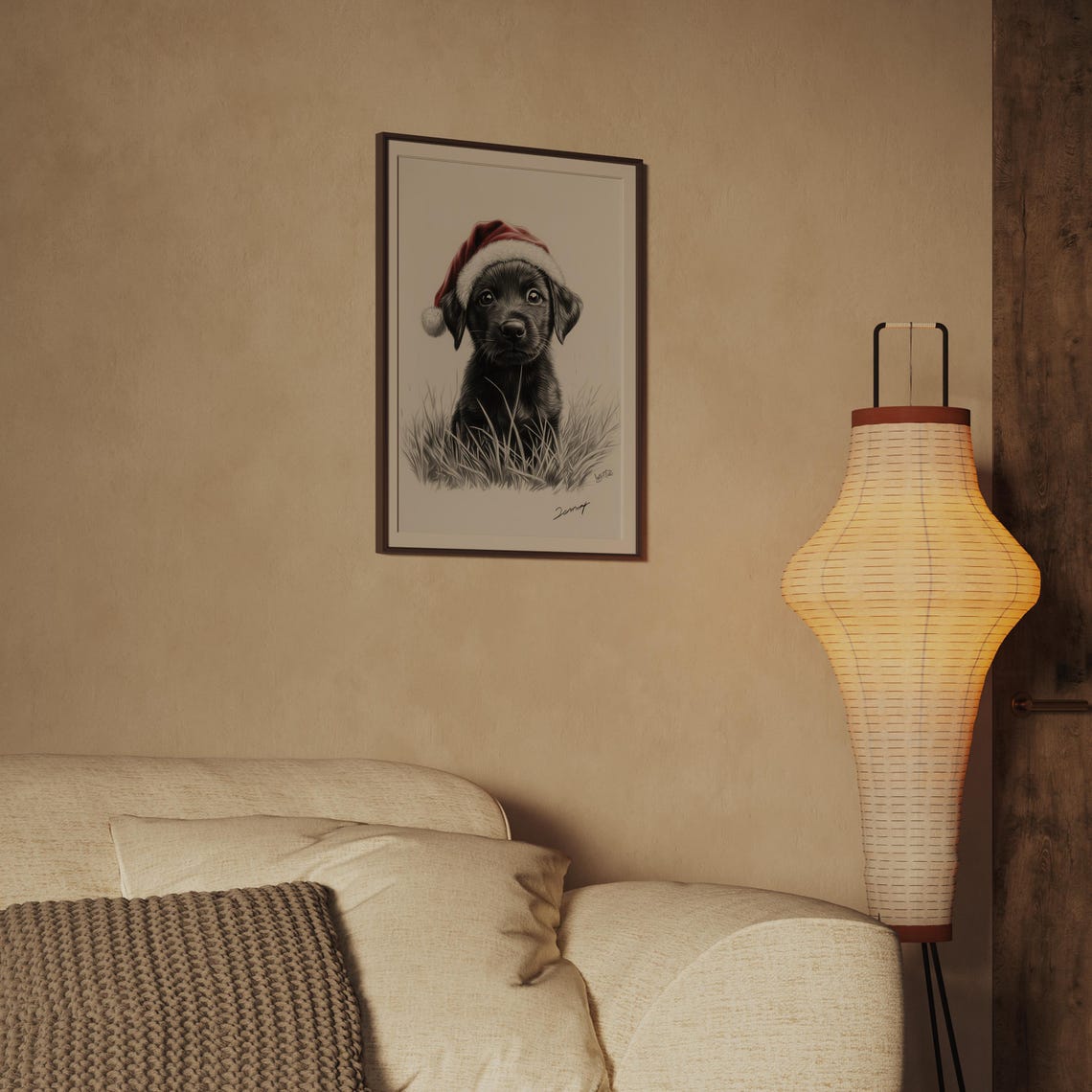 Cute Black Puppy Wearing Red Santa Hat Holiday Sketch Poster - Image 2