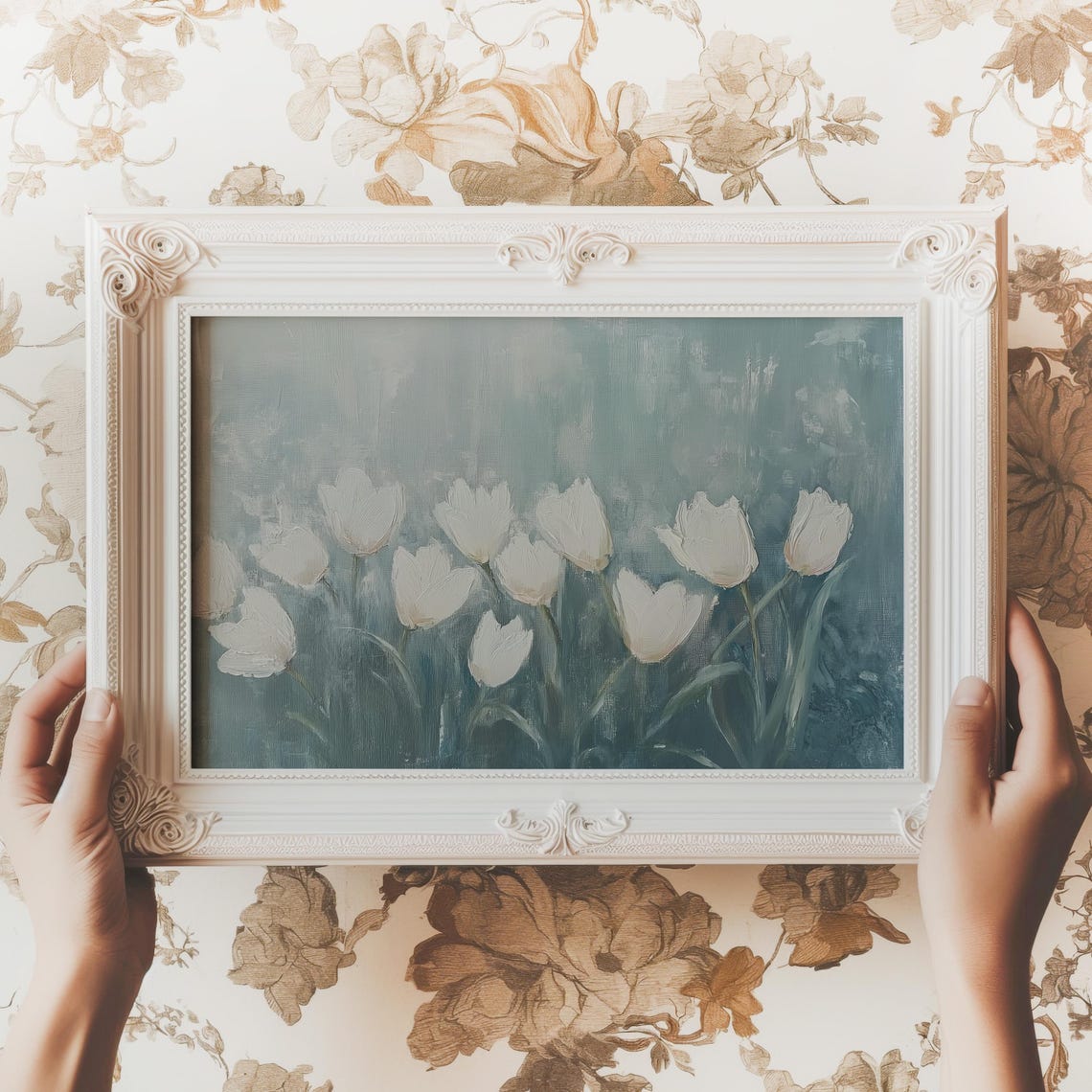 Vintage Tulip Flower Print White Floral Painting Botanical Garden Art Farmhouse Decor French Country Wall Art Spring