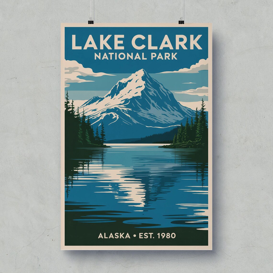 Lake Clark National Park Alaska Snow Peak Vintage Travel Poster