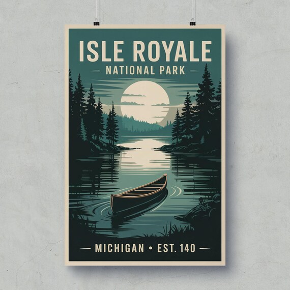 Isle Royale National Park Vintage Travel Poster Moonlit Lake Canoe Art