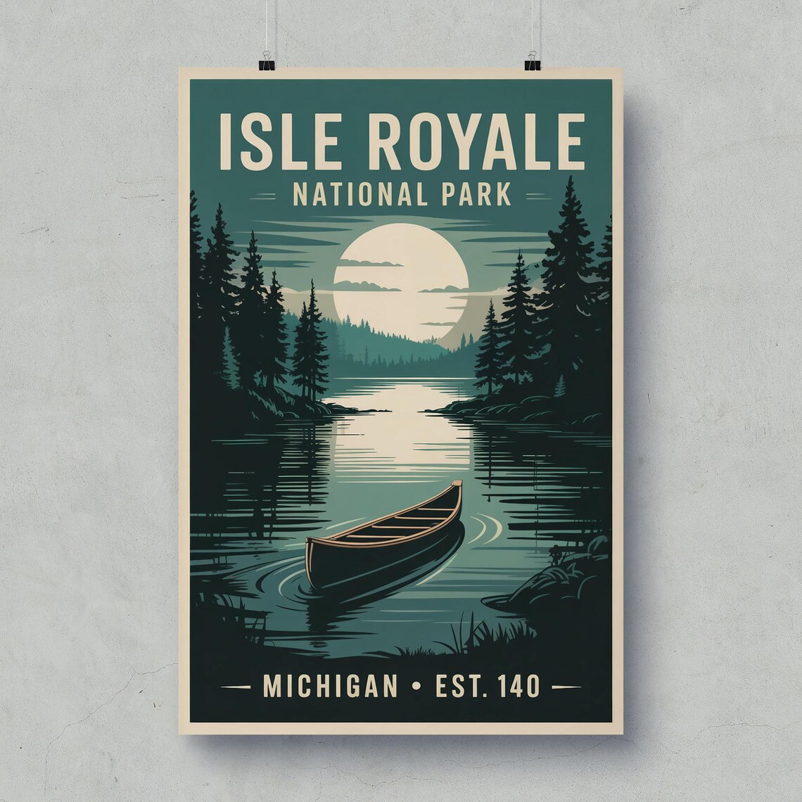 Isle Royale National Park Vintage Travel Poster Moonlit Lake Canoe Art