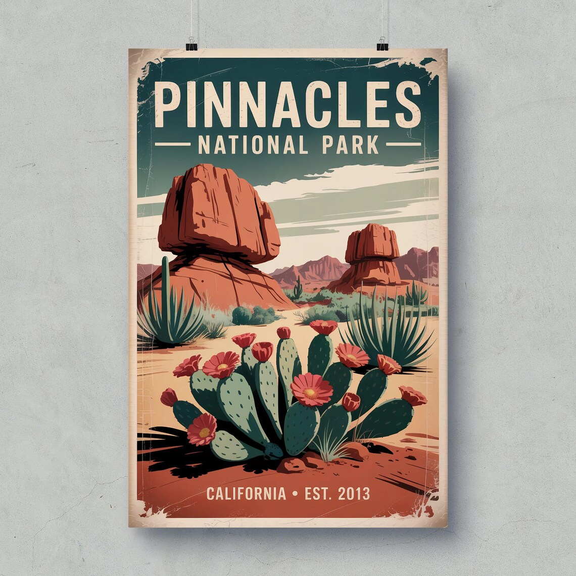 Pinnacles National Park Vintage Travel Poster Desert Cactus Art