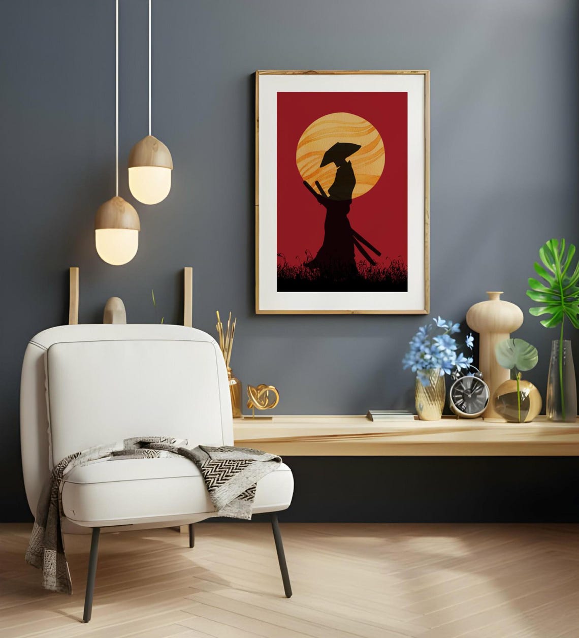 Samurai Silhouette Sunset Japanese Warrior Ink Style Red Art Poster - Image 2