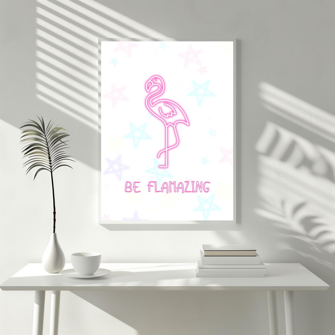 Neon Pink Flamingo Be Flamazing Quote Pastel Stars Wall Art Poster - Image 3