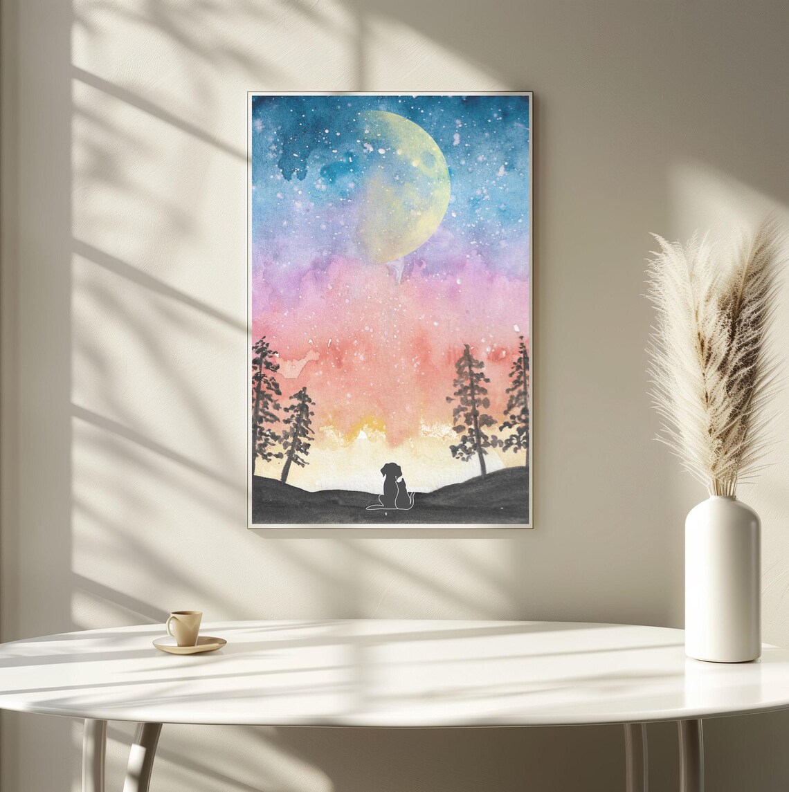 Cat And Dog Moonlit Galaxy Night Sky Watercolor Animal Art Poster - Image 3