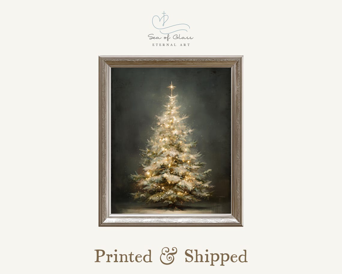 Golden Lit Christmas Tree Star Topper Moody Winter Holiday Art Print