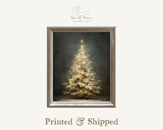 Christmas Tree Moody Art Print Snowy Pine With Golden Lights And Star Topper Winter Holiday Wall Decor Festive Artwork