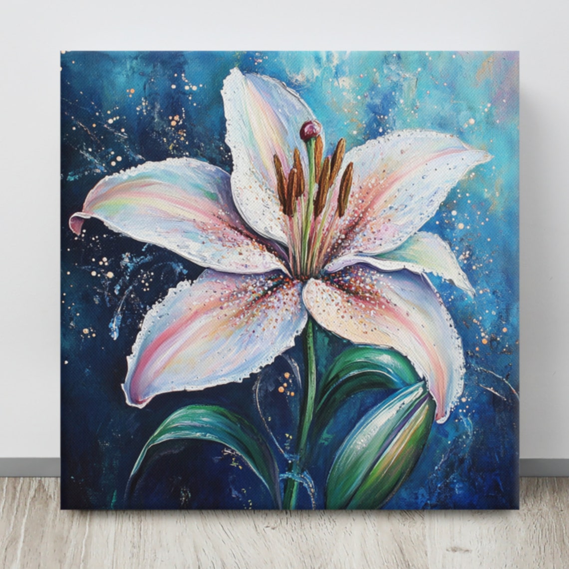 White Lily Bloom Iridescent Petals On Deep Blue Print Poster - Image 2