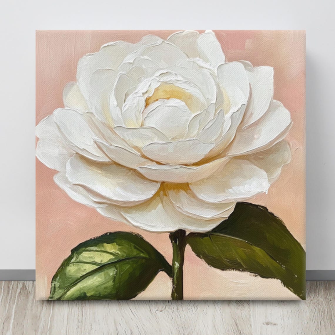 White Camellia Blush Pink Background Impasto Floral Art Poster - Image 4