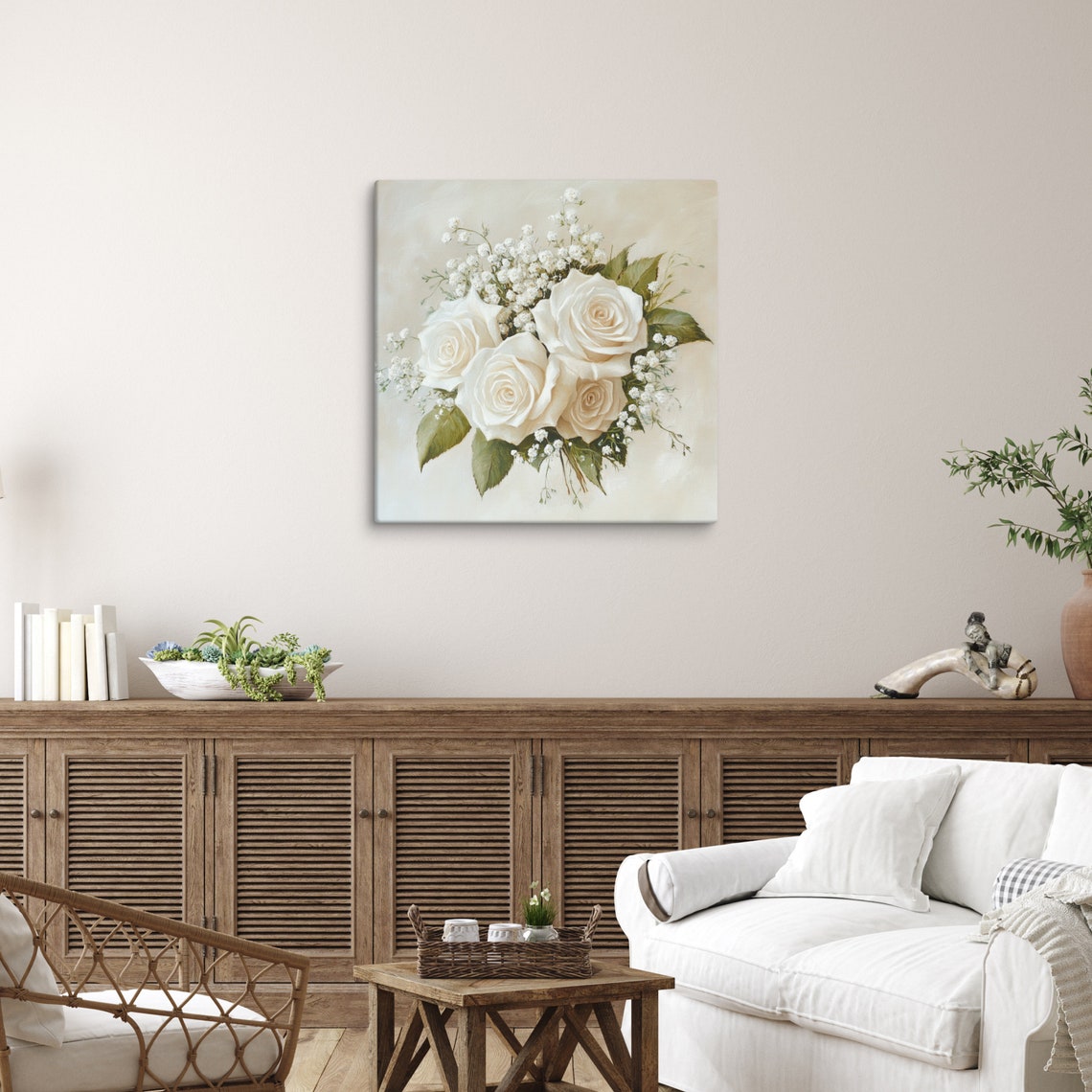 White Roses With Babys Breath Creamy Floral Bouquet Art Poster - Image 5