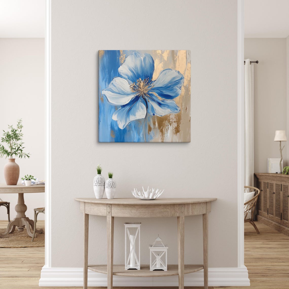 Blue White Flower Impasto Petals Blue Gold Abstract Art Poster - Image 5