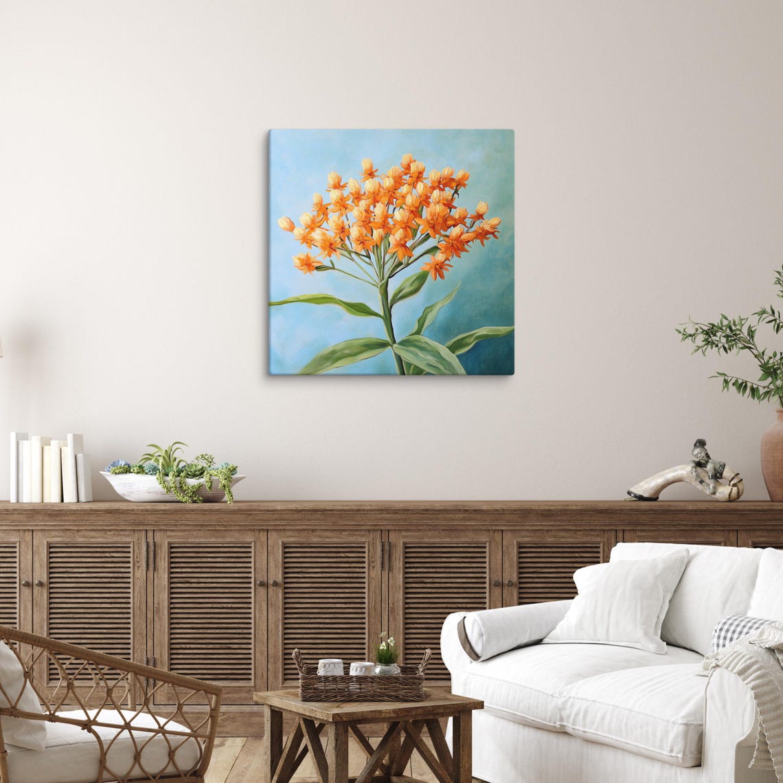 Orange Butterfly Weed Flower Cluster Blue Botanical Floral Art Poster - Image 3