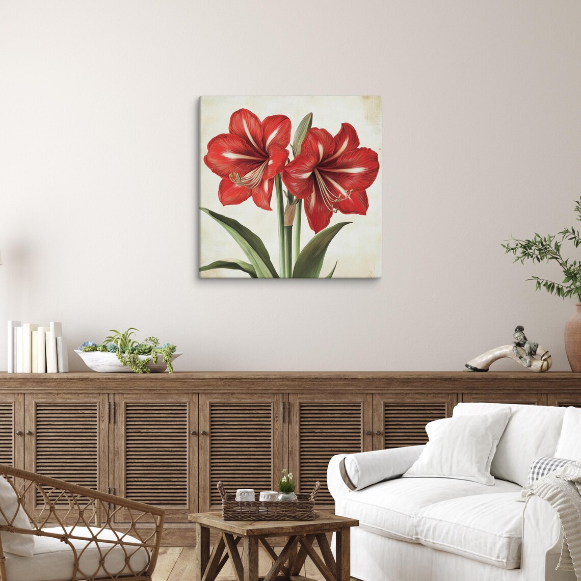 Red Amaryllis Blooms Vintage Cream Background Botanical Art Poster - Image 5