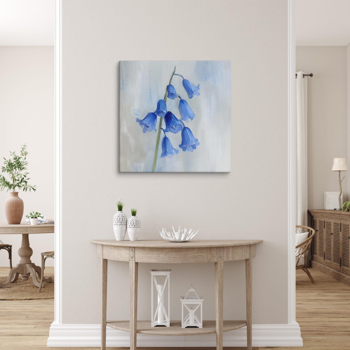 Blue Bluebell Bell Flowers Hanging on Soft Gray Painting Poster - Image 5