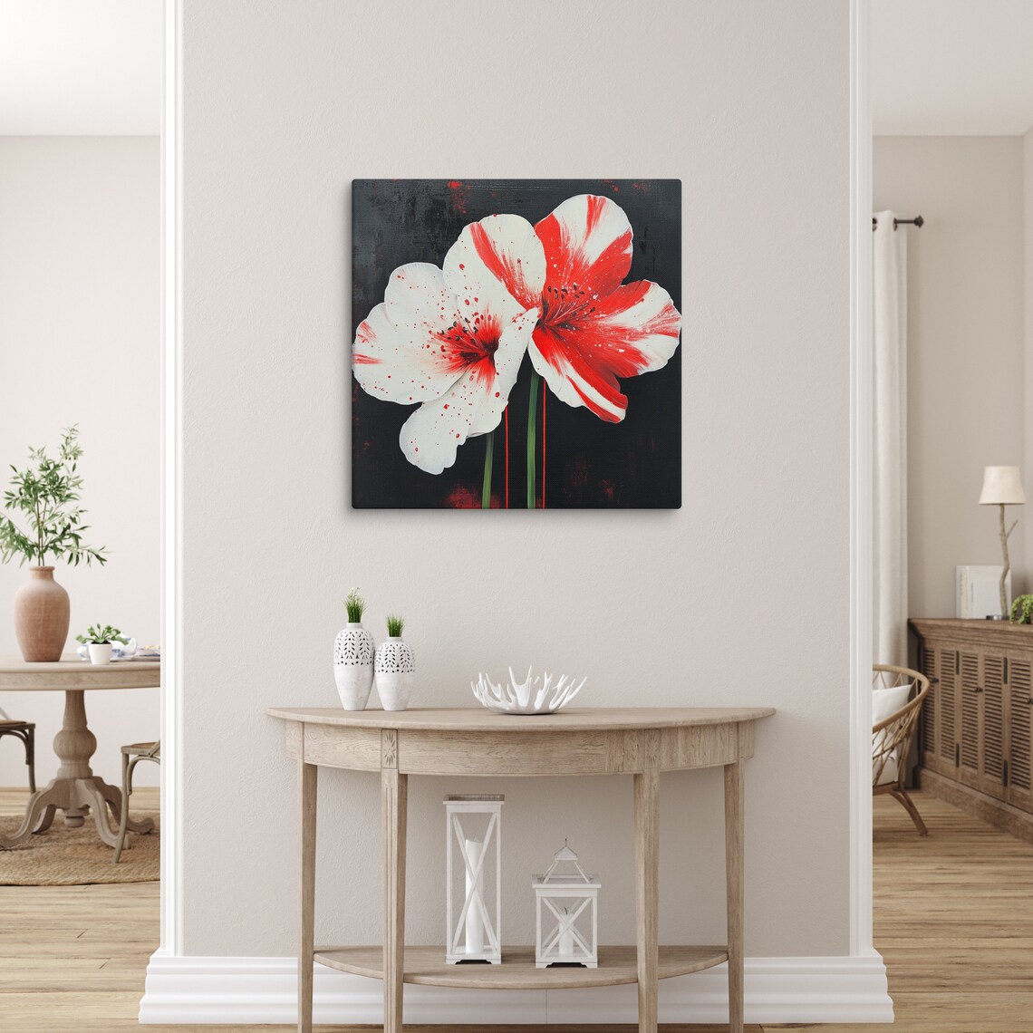 Red White Splatter Bloom Flowers Dramatic Black Background Art Poster - Image 3