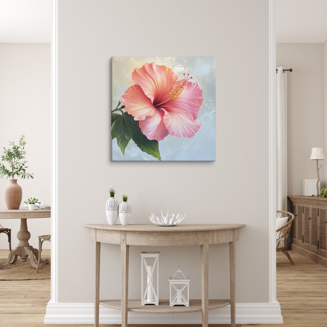 Pink Hibiscus Flower Close Up Tropical Blossom Painting Poster - Image 5