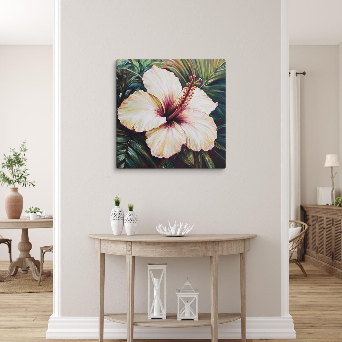 White Hibiscus Tropical Bloom Dark Foliage Painting Print Poster - Image 2