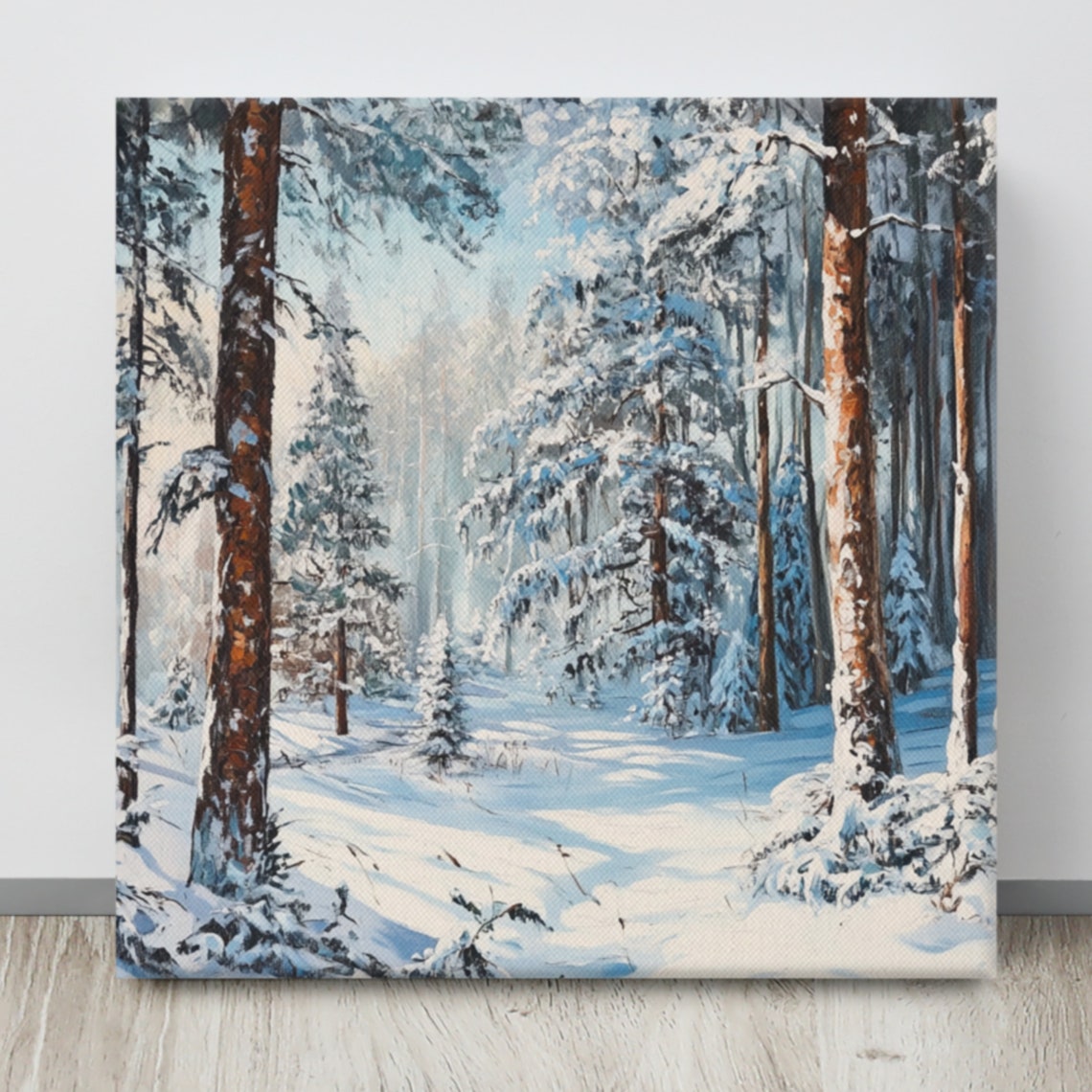 Snowy Pine Forest Winter Morning Sunlight Trees Canvas Art Print - Image 4
