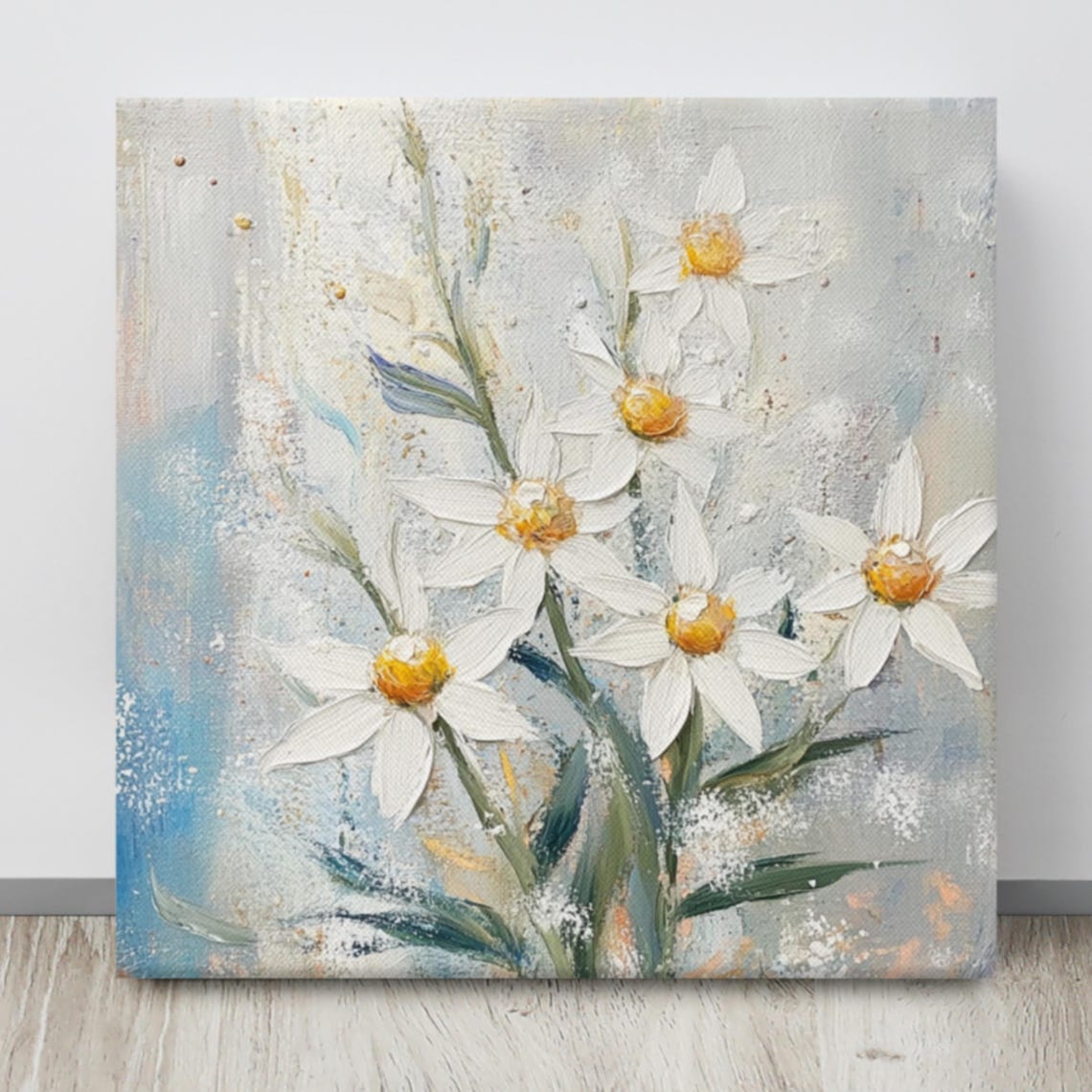 White Daisies Yellow Centers Soft Blue Abstract Floral Poster - Image 4