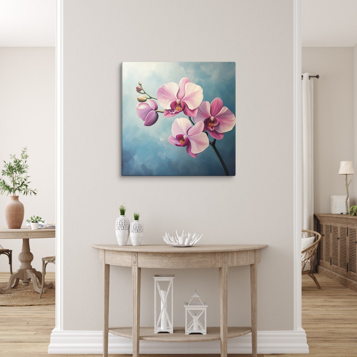 Pink Orchid Blossoms Teal Background Watercolor Painting Poster - Image 5