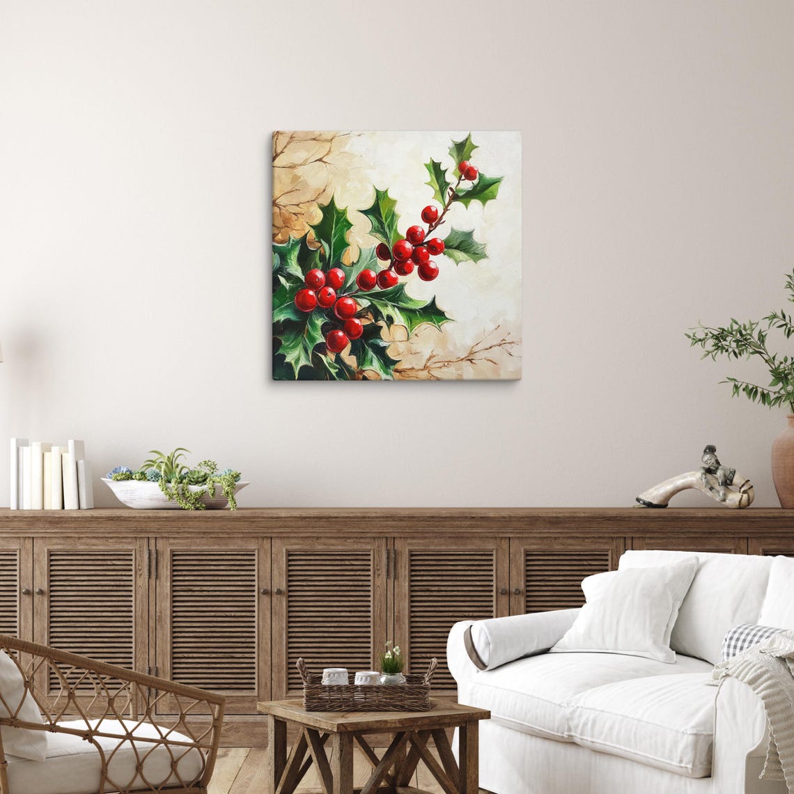 Christmas Holly Branch Red Berries Botanical Holiday Canvas Art Print - Image 5