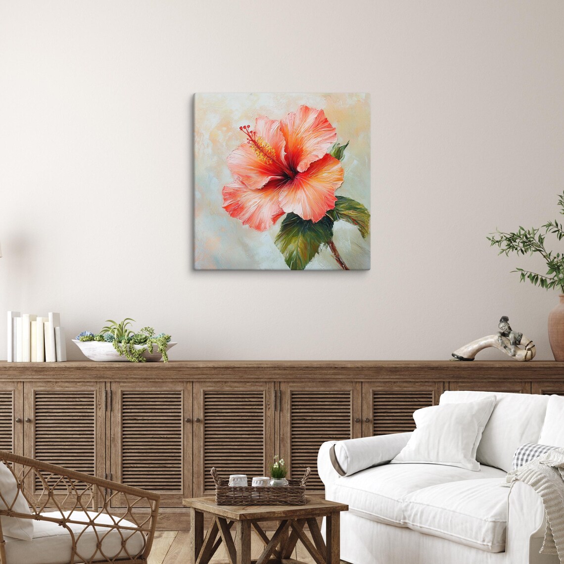 Coral Hibiscus Impasto Textured Tropical Floral Painting Poster - Image 5