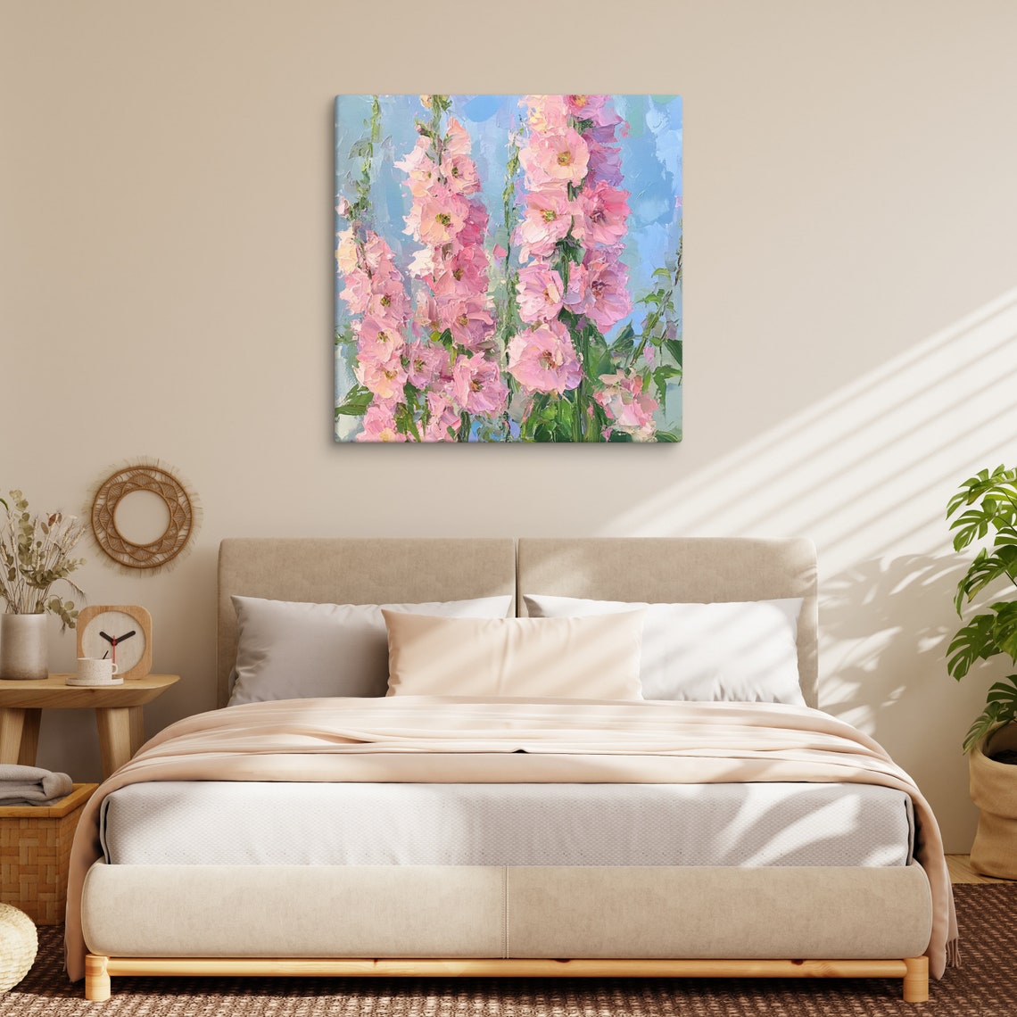 Pink Delphinium Tall Flower Spikes Blue Sky Impressionist Art Poster - Image 3