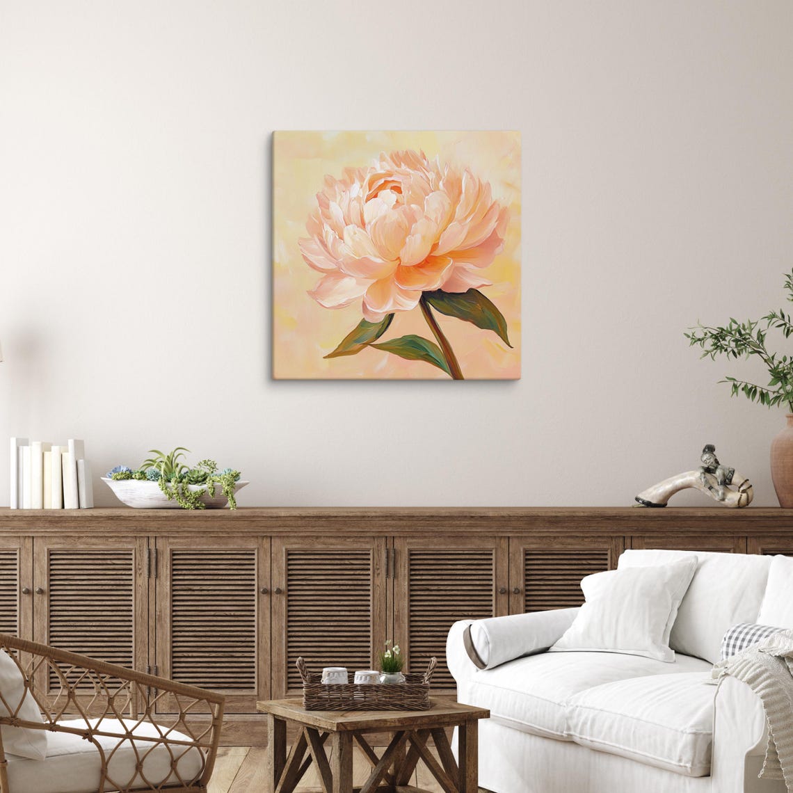 Peach Peony Lush Full Blossom Warm Botanical Floral Art Poster - Image 5