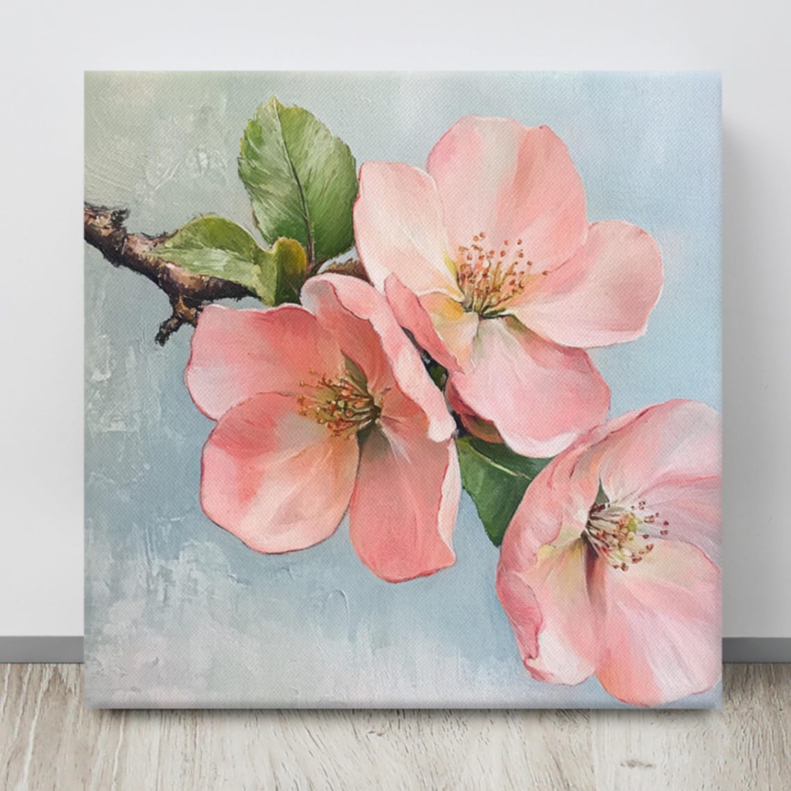 Pink Flowering Quince Blossoms Branch Soft Blue Botanical Print - Image 4