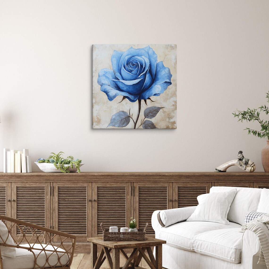 Vivid Blue Rose Large Bloom Oil Style Botanical Floral Wall Art Poster - Image 3
