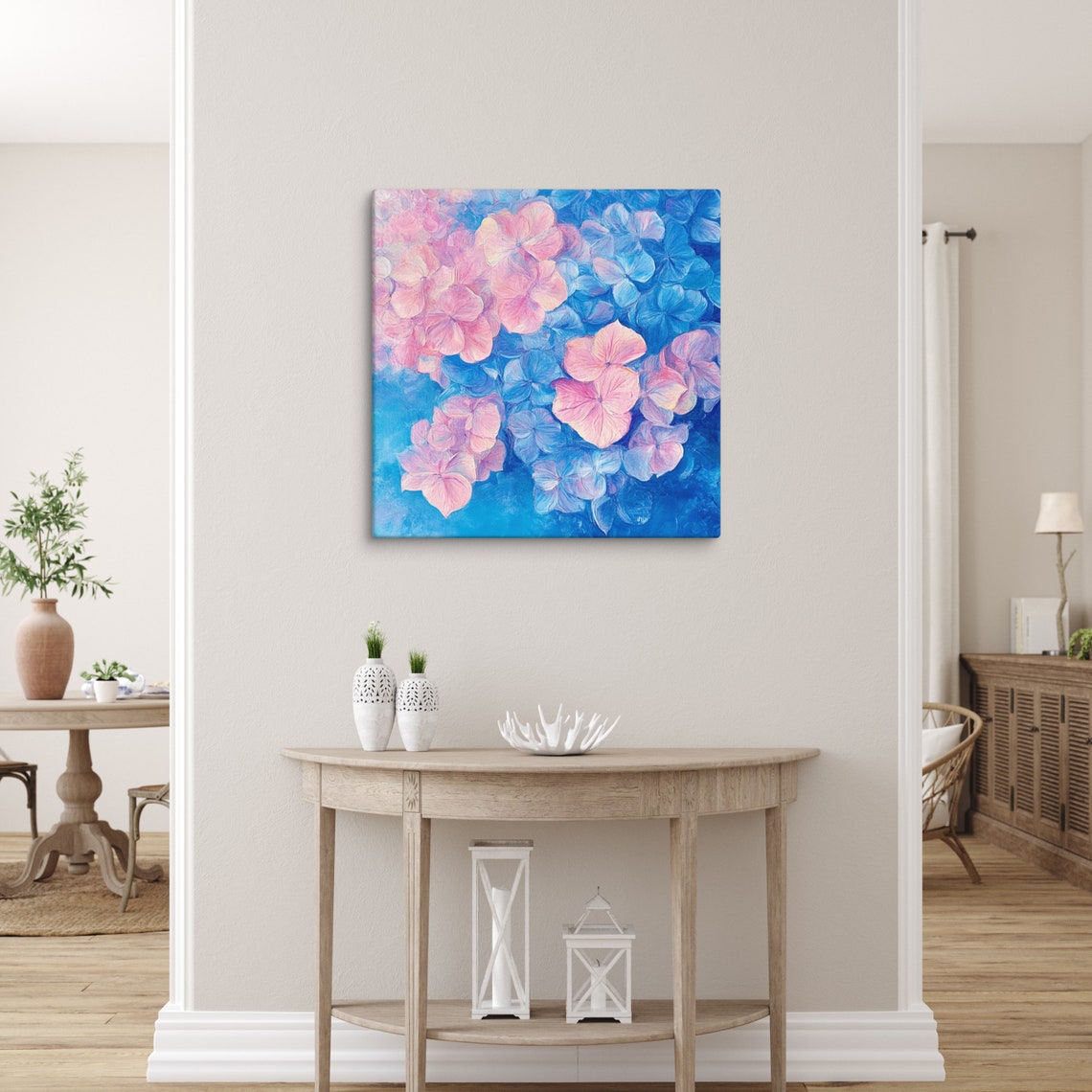 Pink Blue Hydrangea Blossom Close-Up Oil Painting Floral Poster - Image 5