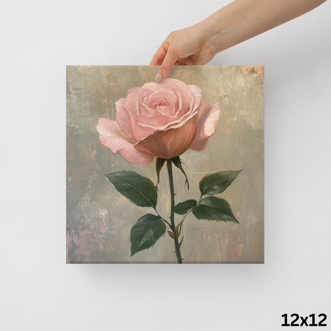 Blush Pink Rose Single Stem Gray Green Vintage Floral Wall Art - Image 2