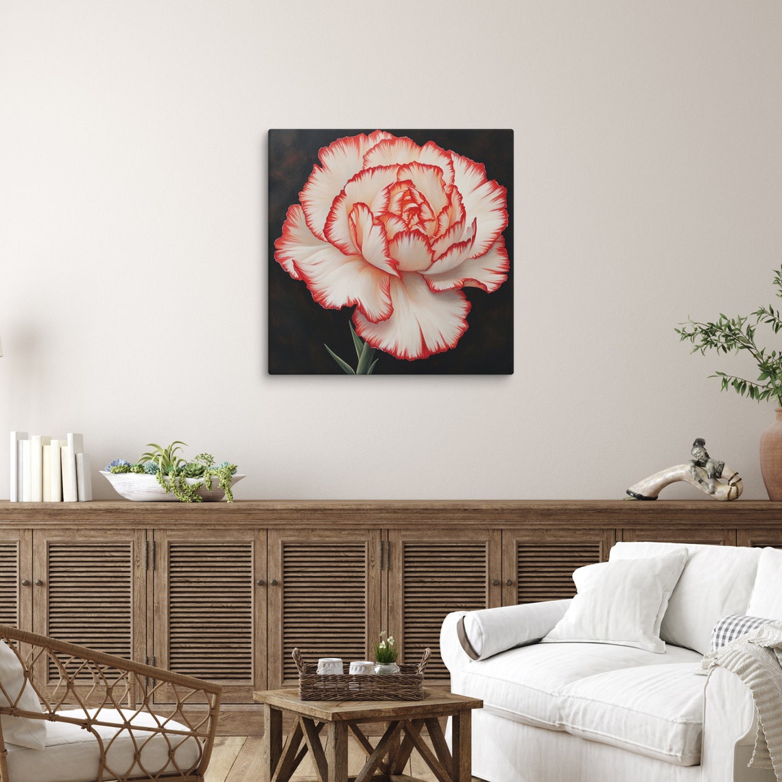 Red White Two Toned Carnation Black Background Bold Statement Poster - Image 2