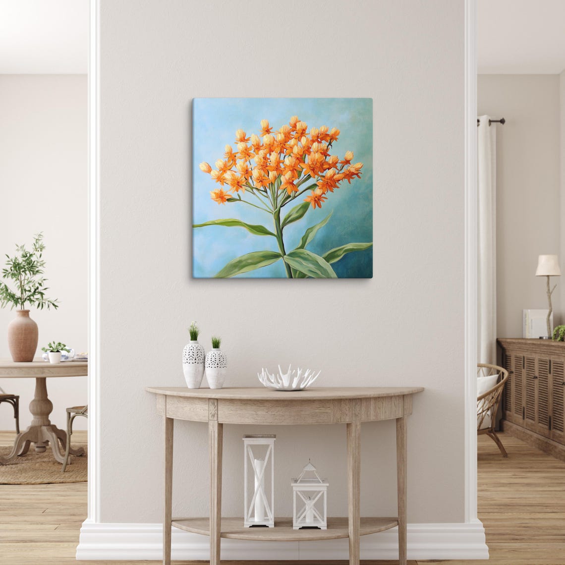 Orange Butterfly Weed Flower Cluster Blue Botanical Floral Art Poster - Image 5
