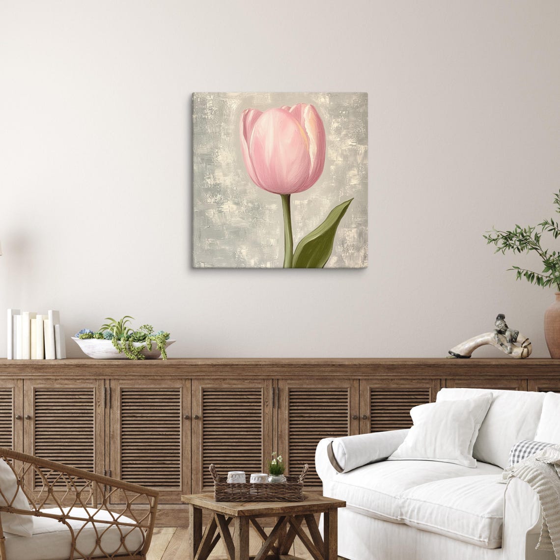Blush Pink Tulip Tall Green Stem Textured Beige Modern Minimal Poster - Image 2