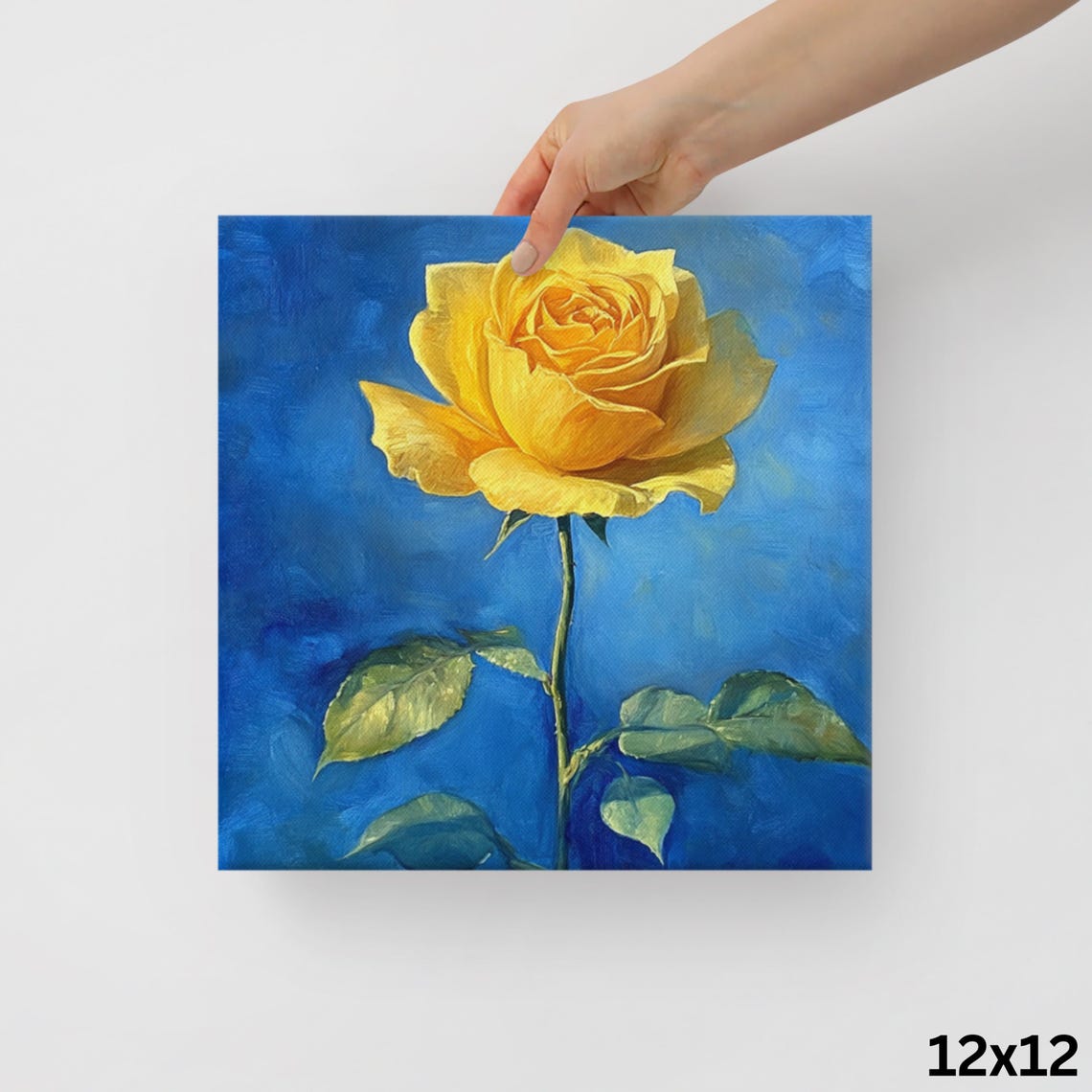 Yellow Rose Single Bloom Cobalt Blue Background Floral Wall Art - Image 2