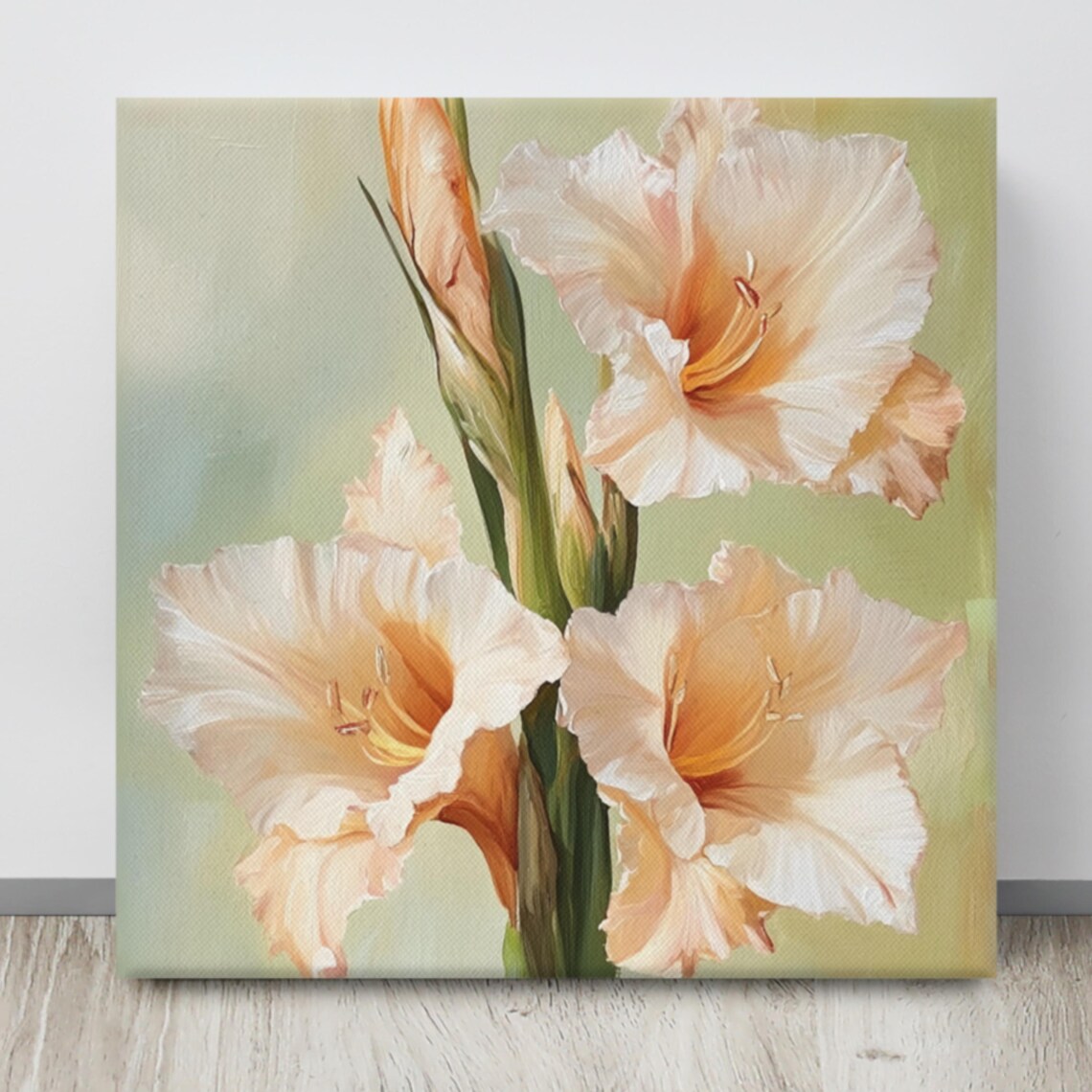 Peach Gladiolus Blooms Tall Spike Sage Green Floral Painting Print - Image 4