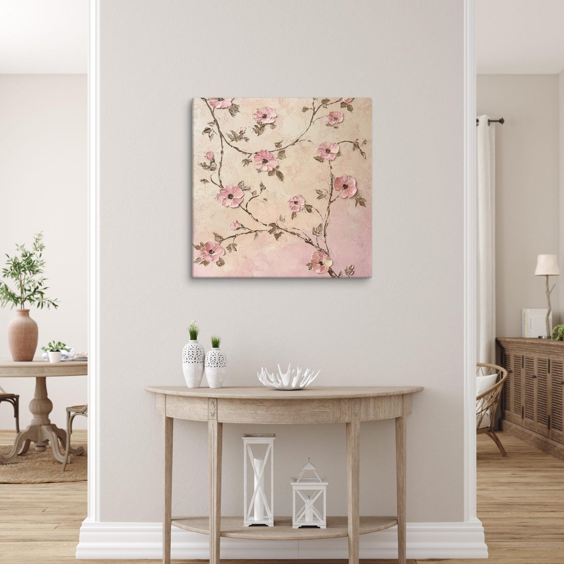 Pink Blossom Branches Textured Blush Floral Impasto Wall Art - Image 5