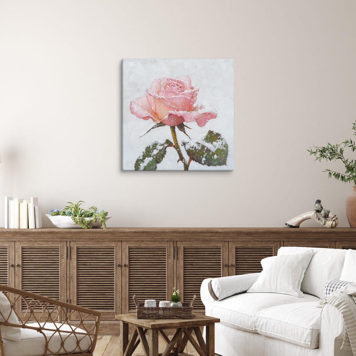 Snowy Pink Rose Print Painting Print Flower Wall Art Pink Rose Painting Living Room Art Winter Wall Art Snow Wall Art - Image 3