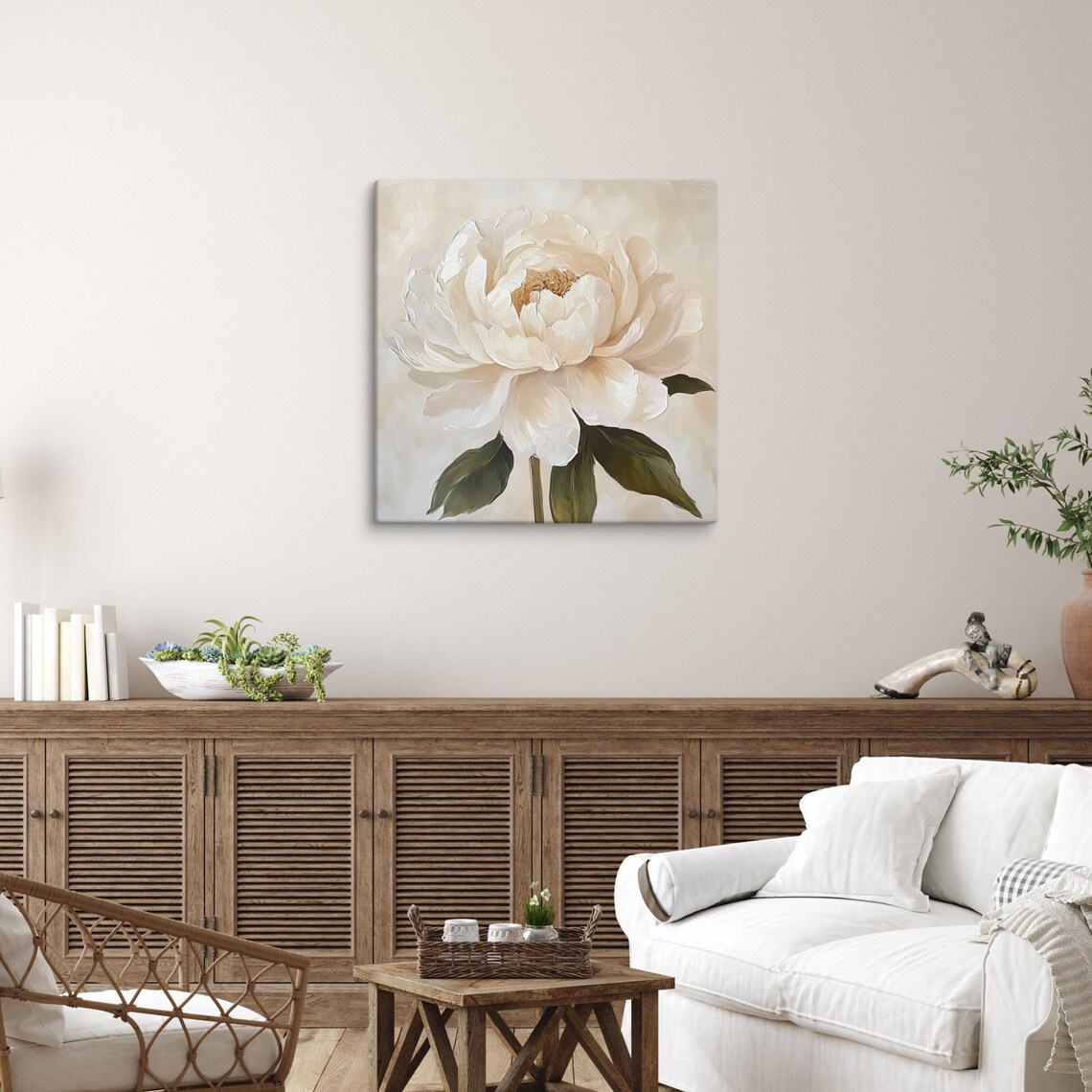 White Peony Bloom Gold Center Cream Impasto Floral Painting Art Poster - Image 4