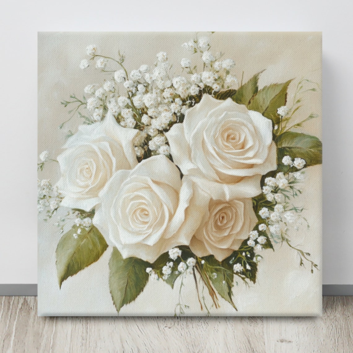 White Roses With Babys Breath Creamy Floral Bouquet Art Poster - Image 3