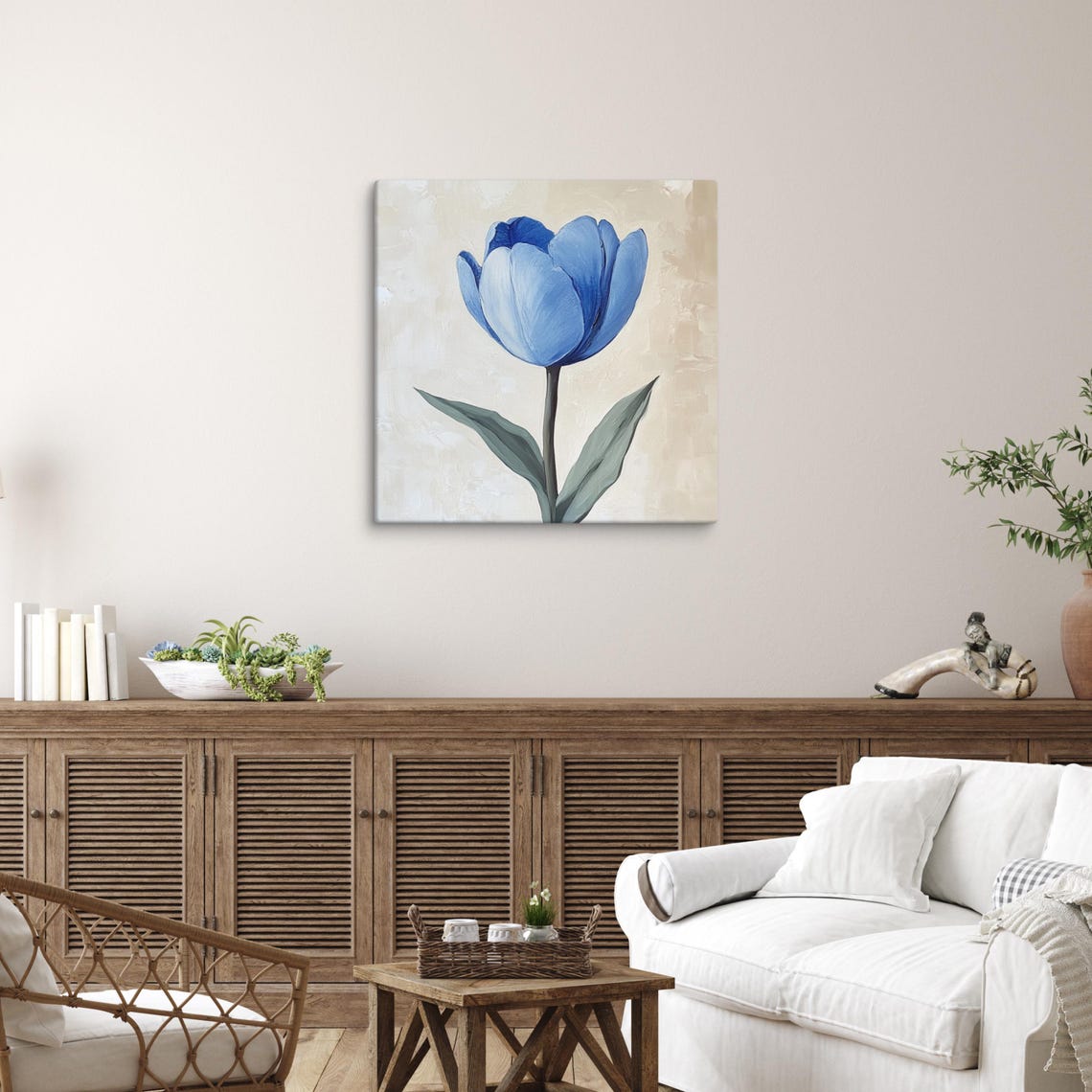 Blue Tulip Single Bloom Gray Leaves Cream Botanical Painting Print - Image 3