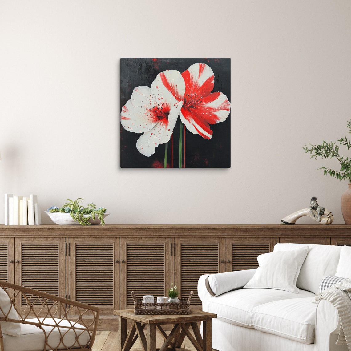 Red White Splatter Bloom Flowers Dramatic Black Background Art Poster - Image 5