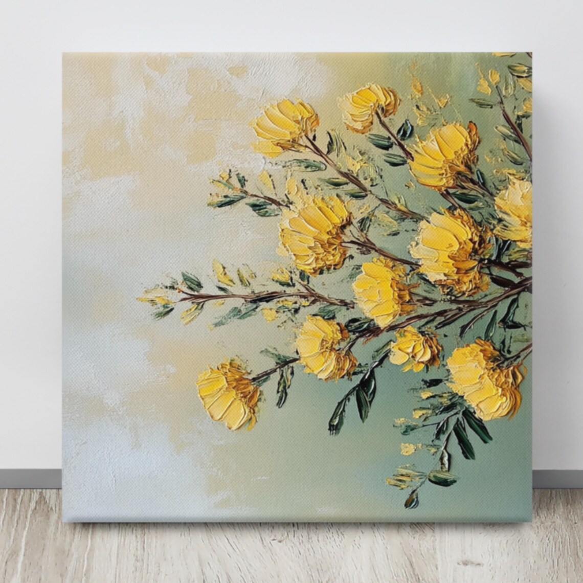 Yellow Acacia Blossoms Branch Sage Cream Floral Impasto Wall Art - Image 4