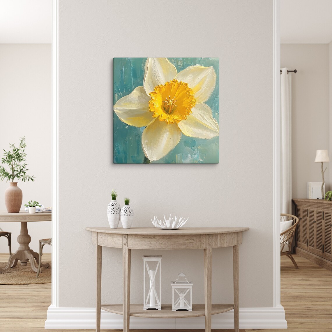 Yellow Daffodil Close Up Bloom Teal Background Oil Painting Poster - Image 3