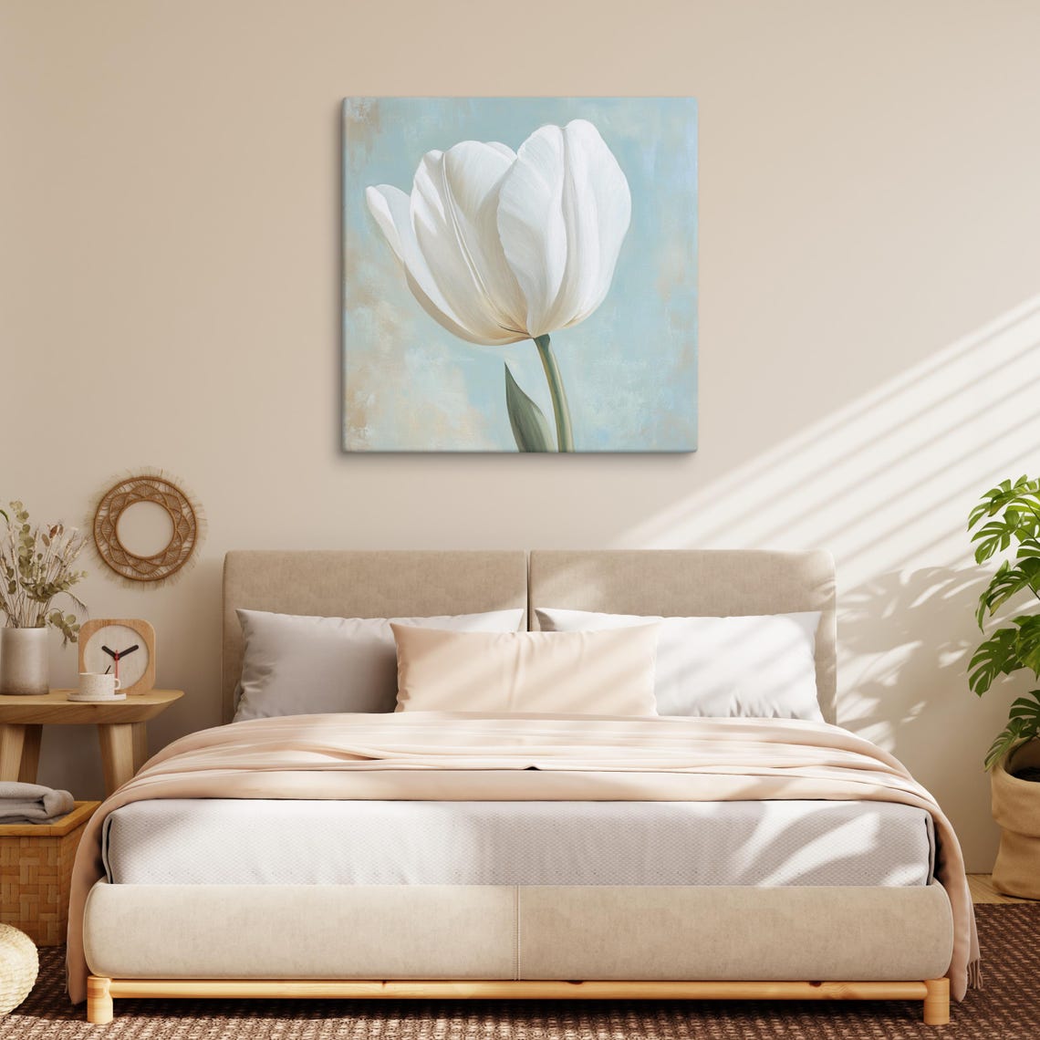 White Tulip Bloom Close-Up Serene Blue Floral Art Wall Poster - Image 3